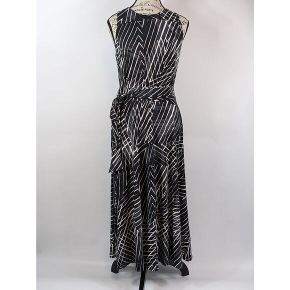 Ralph Lauren Women's Sz 4 Dress Midi Tie Belt Black Slate Cream Print Below Knee - Picture 1 of 8